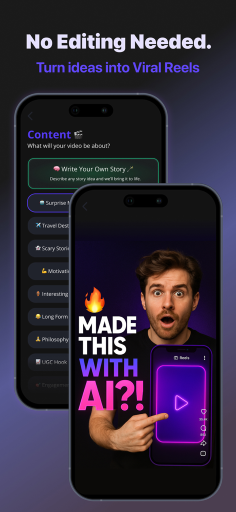 AIリールメーカーアプリのインターフェース。バイラルなソーシャルメディア動画作成のためのプロンプトオプションを表示