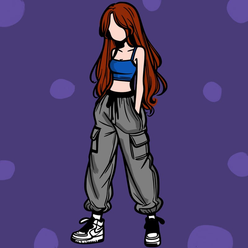 girl in baggy pants crop top and long hair