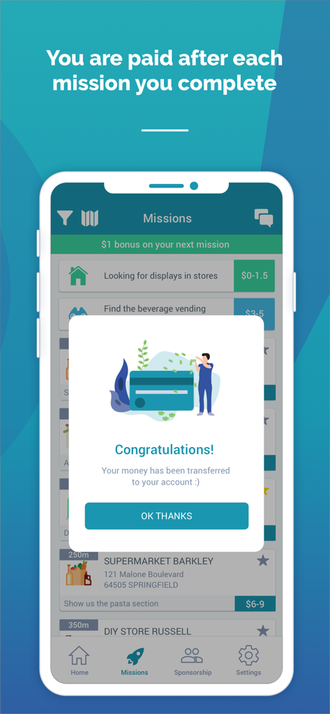 BeMyEye - Earn money - Uno screenshot dell'app BeMyEye che mostra una notifica che il denaro è stato trasferito sul conto dell'utente dopo aver completato una missione.