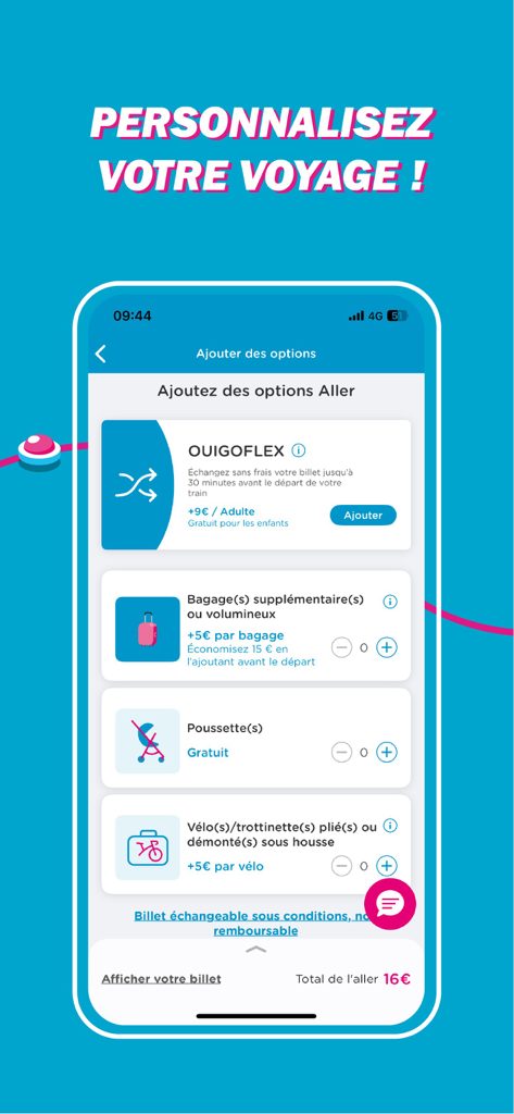 Interfaccia dell'app OUIGO che mostra opzioni di viaggio per biglietti flessibili, bagaglio extra e passeggini.