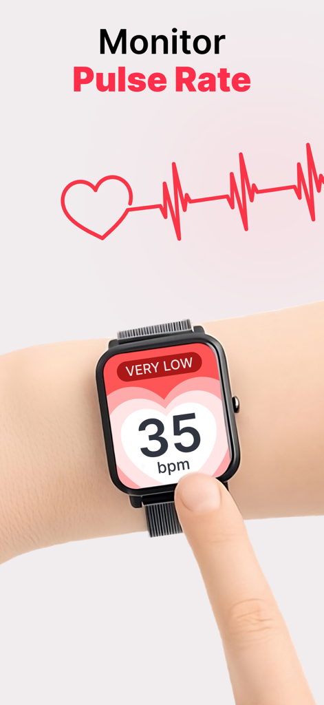 Smartwatch displaying pulse rate measurement and low heart rate alert from the HeartIn app