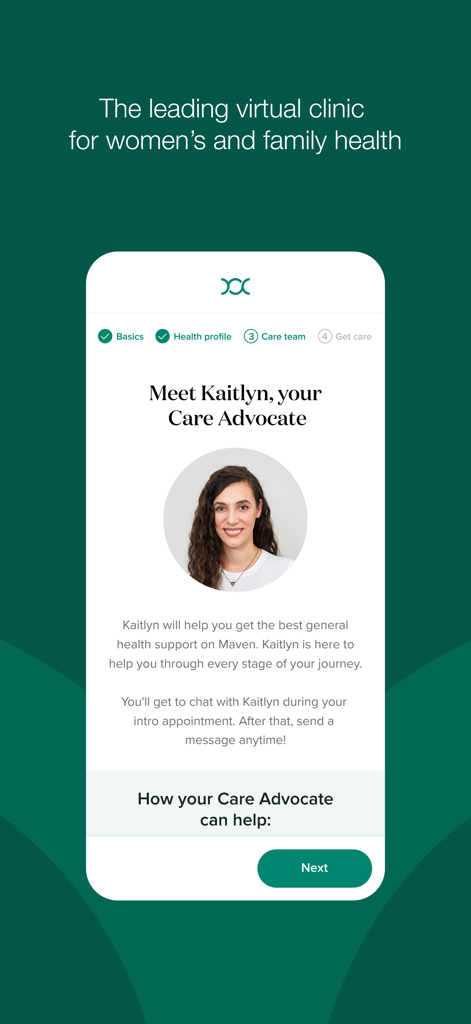 Maven Clinic - Maven Clinic App-Bildschirm, der das Profil eines engagierten Betreuungsberaters für personalisierte Gesundheitsunterstützung für Frauen und Familien zeigt.