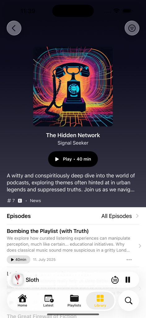 ShelfPlayer app interface showing details for a podcast titled The Hidden Network with an episode list.