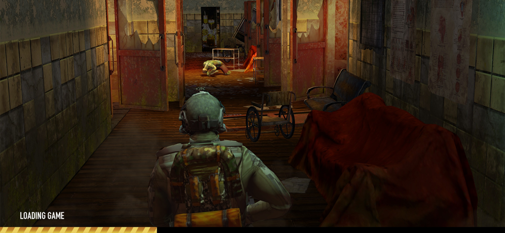 Survival Point: zombie island - Vue à la troisième personne d'un personnage joueur explorant un bâtiment abandonné sombre dans un jeu de survie zombie