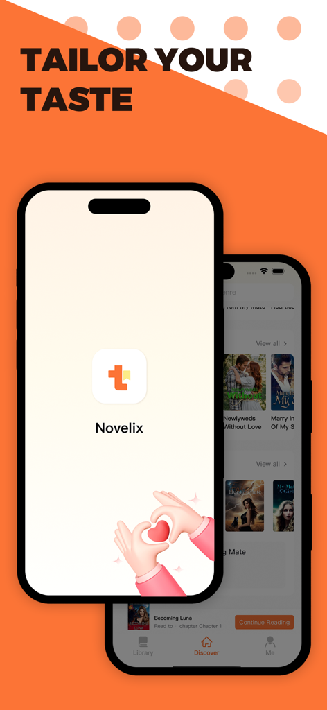 Novelix - Novelixアプリのインターフェース。さまざまなロマンスと狼男の物語が表示され、スローガン「Tailor Your Taste」が表示されています。