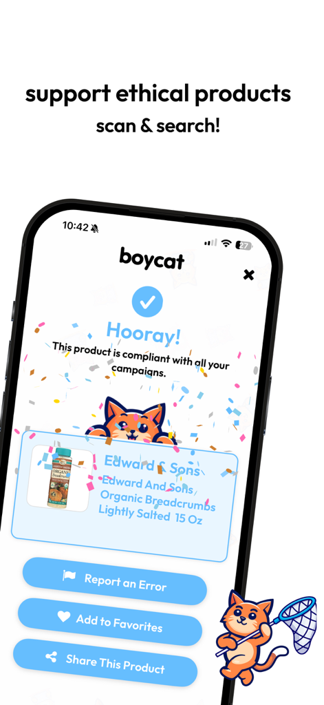 Boycat: Ethical Shopping - Tela do aplicativo Boycat mostrando um resultado de escaneamento de produto ético bem-sucedido para farelo de pão Edward and Sons