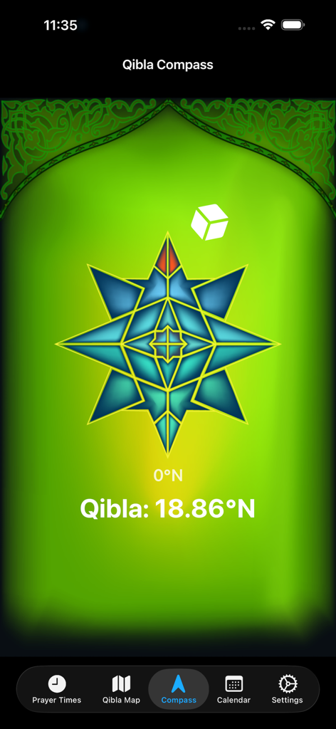alQibla - Interface of the alQibla app displaying a digital compass for finding the prayer direction towards Mecca