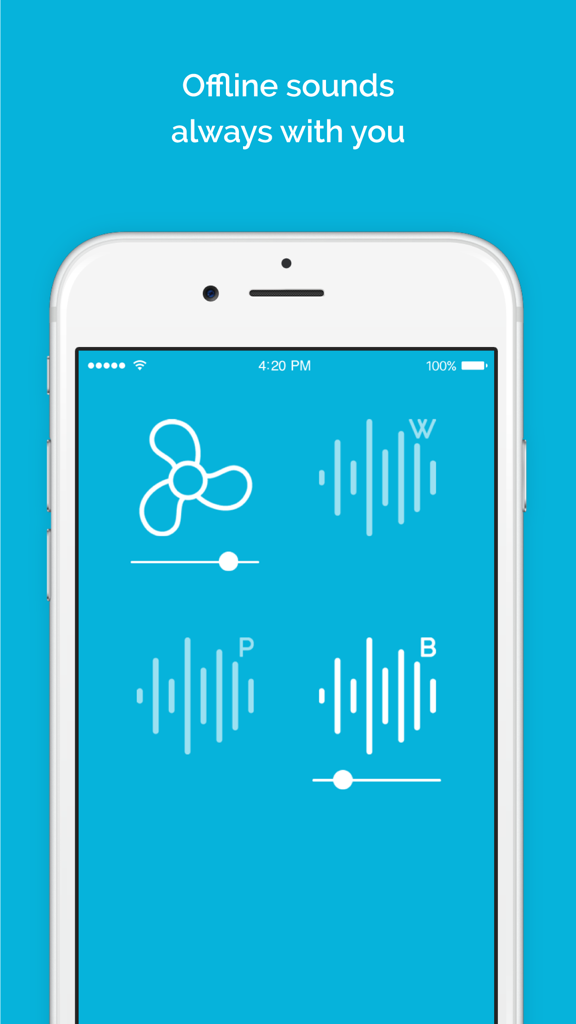 Noisli - iPhone displaying Noisli offline background sounds interface with fan and noise sliders