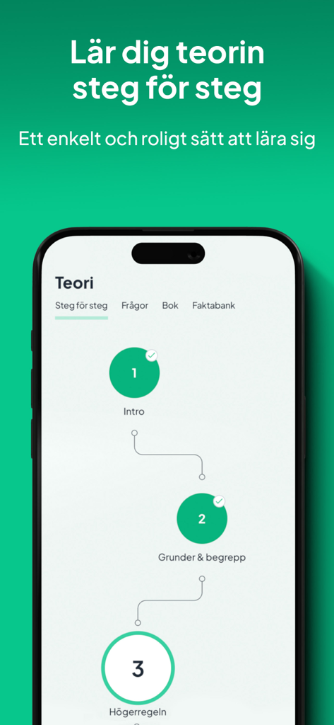 Captura de pantalla de la app Trafiko mostrando un camino de aprendizaje visual paso a paso para las lecciones teóricas de conducción sueca.