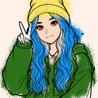 a teenage girl in a beanie, oversized sweatshirt, wavy long hair, and is showing a ✌️