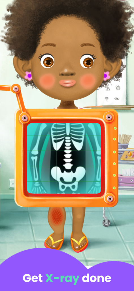 A young girl character in a medical role play game getting an X-ray scan showing her skeleton.