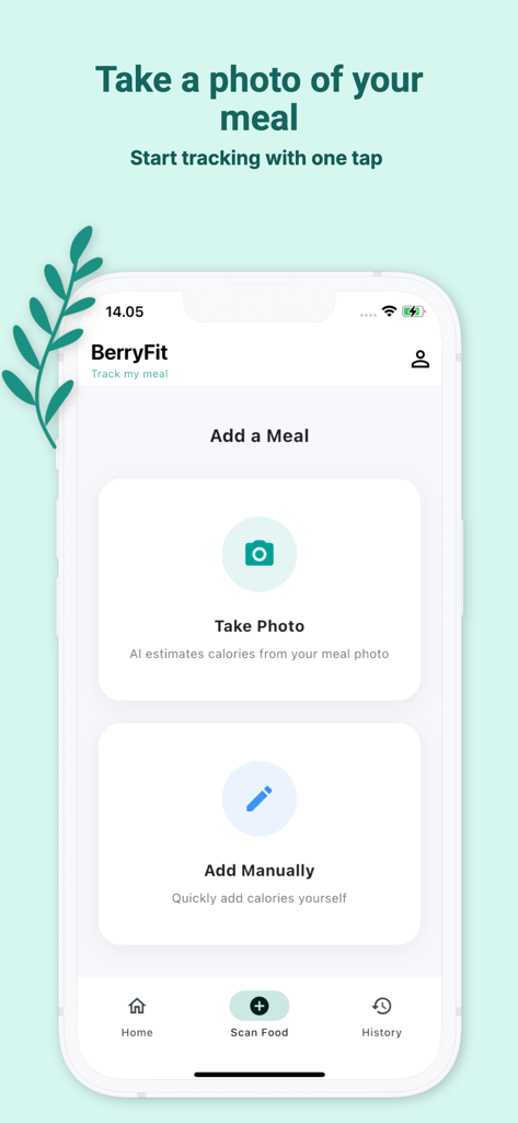Pantalla de la aplicación BerryFit que muestra opciones para tomar una foto para el seguimiento de calorías AI o agregar comidas manualmente