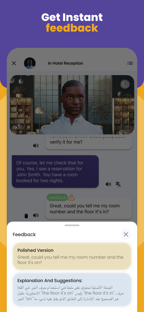 Aplicación Speak English with BeNative que muestra un juego de roles en un hotel con retroalimentación y correcciones instantáneas de gramática de IA.