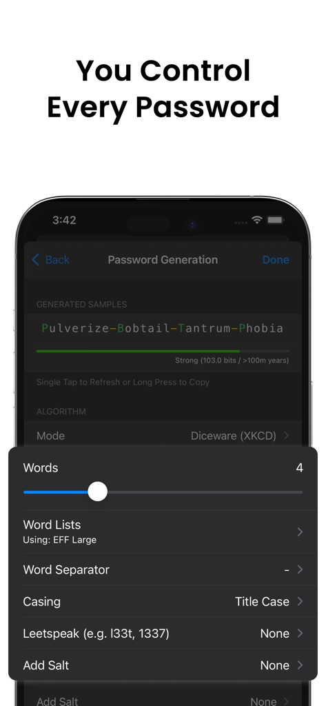 Strongbox - Password Manager - Interface de l'application Strongbox pour générer des mots de passe sécurisés en utilisant la méthode Diceware.
