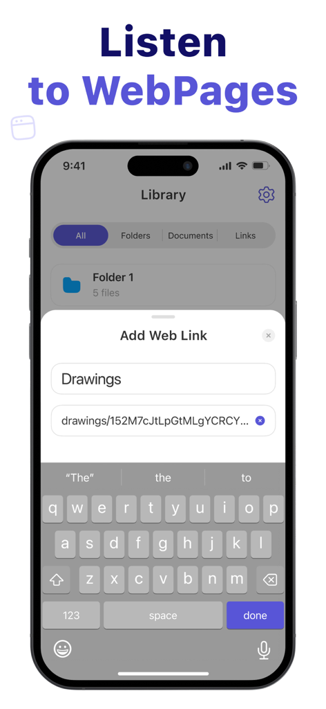 Text to Speech – Reading Aloud - Interface showing how to add a web link in the Text to Speech app to listen to online articles