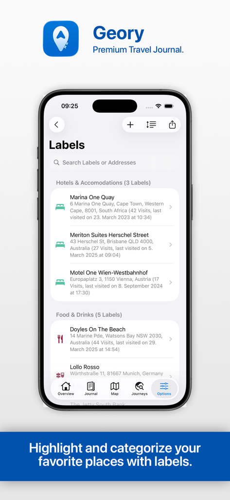 Geory travel journal app screen showing categorized labels for hotels and restaurants