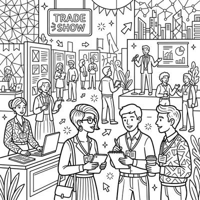 Explore the dynamic energy of a professional conference or trade show with this engaging coloring template. Immerse yourself in a bustling scene of innovation and connection, perfect for a relaxing creative break.