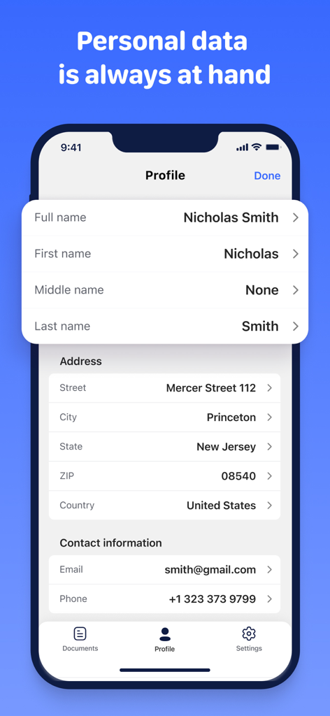 Smartphone-Bildschirm, der den Profilbereich des Benutzers mit persönlichen Informationen für die automatisierte Formularausfüllung in der Fill and Sign-App zeigt.