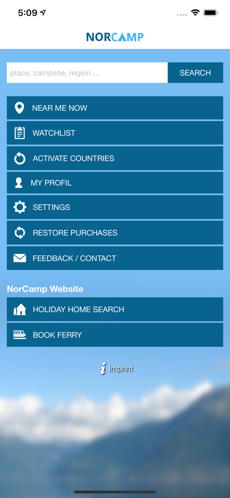Main menu of the NorCamp app showing search bar and navigation options for camping in Northern Europe.