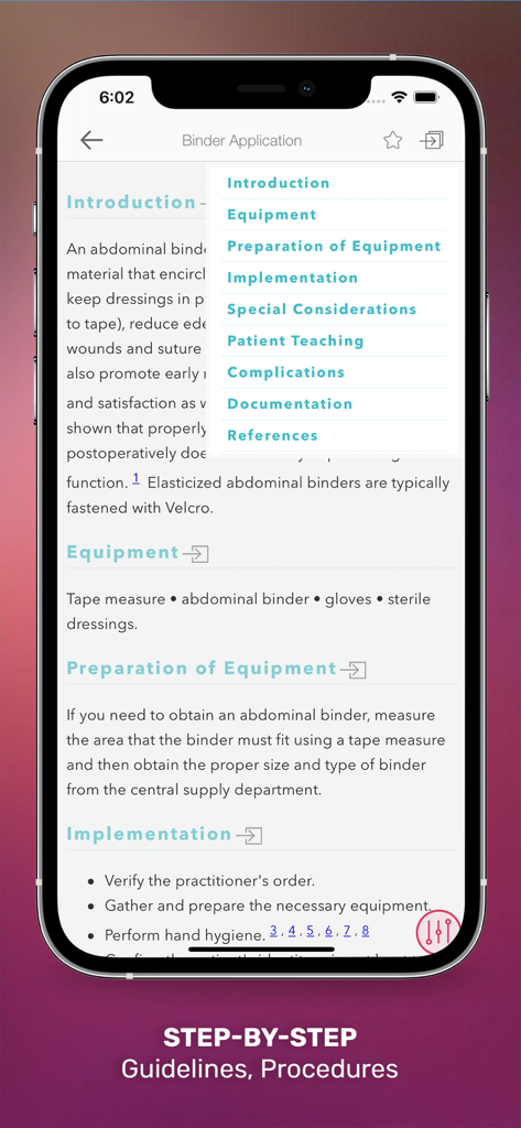 A mobile interface showing step-by-step nursing guidelines and procedure details with a navigation menu.