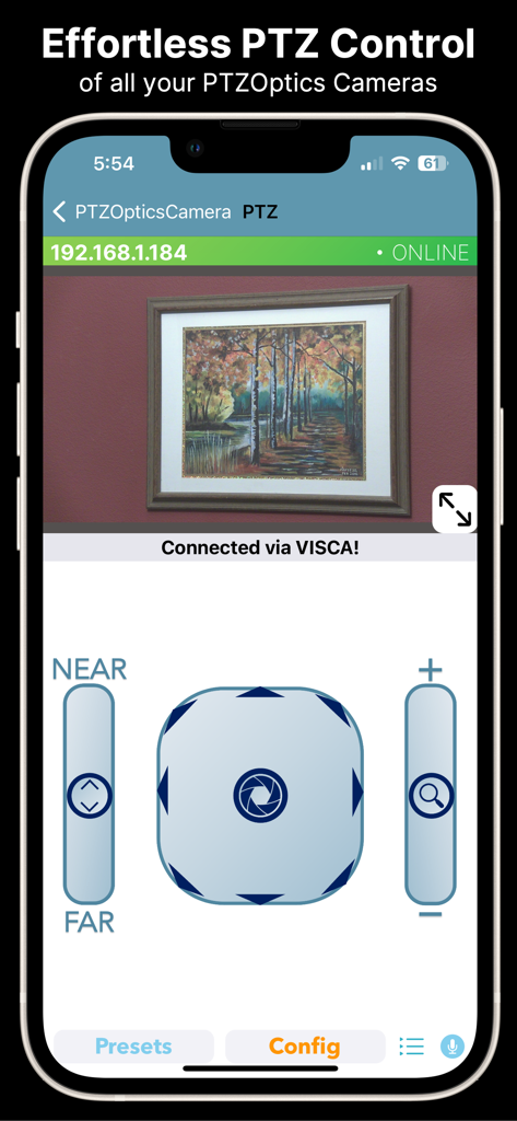 PTZControl Pro 2 by PTZOptics™ - Interface of PTZControl Pro 2 app on iPhone showing live camera feed and pan tilt zoom controls