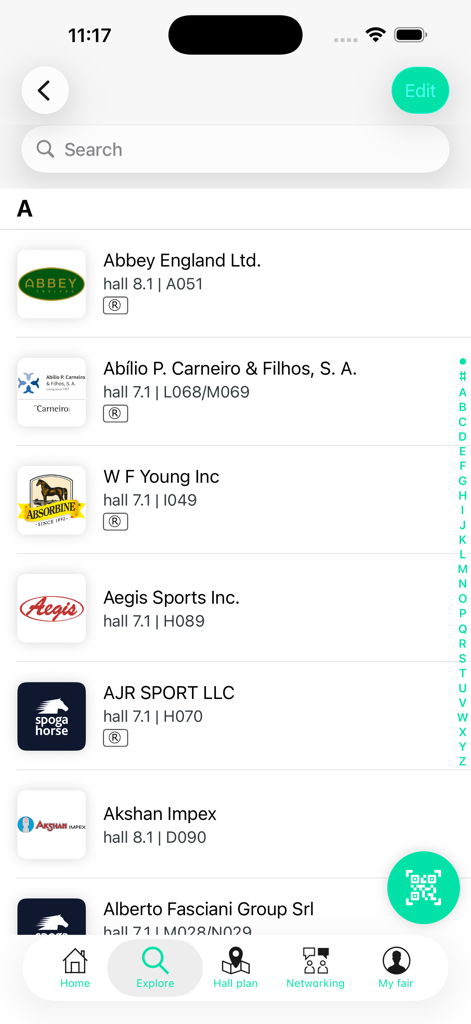 spoga horse - A list of equestrian trade fair exhibitors showing company names and booth locations in the spoga horse mobile app.