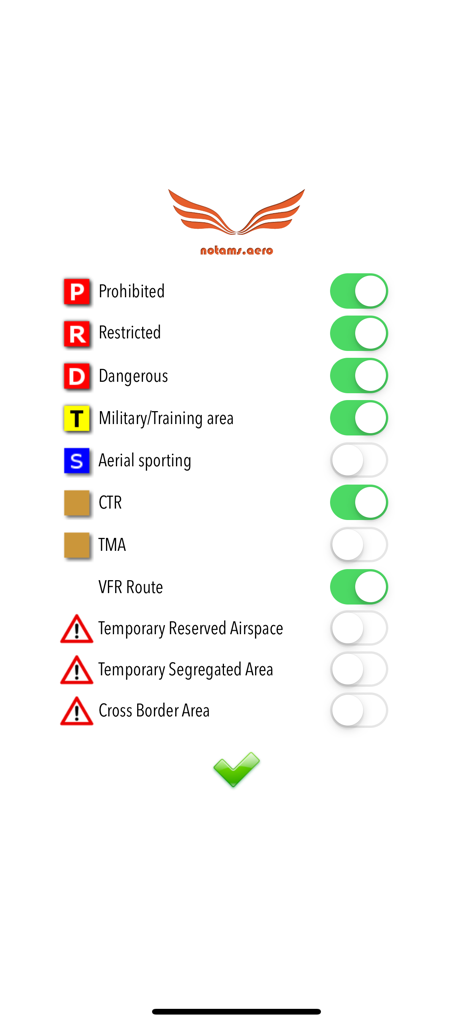 List of toggle switches to filter aviation NOTAMs by airspace category in the notams.aero app.