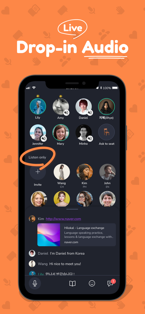 Hilokal app screen displaying a live drop-in audio chat room with user profile icons and real-time chat messages.
