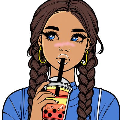 realistic girl with braided hair drinking boba