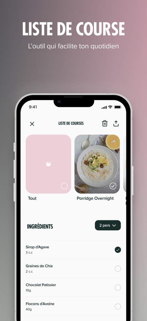 Elevate - Interface de l'application Elevate montrant une liste d'épicerie avec les ingrédients d'une recette de porridge sain