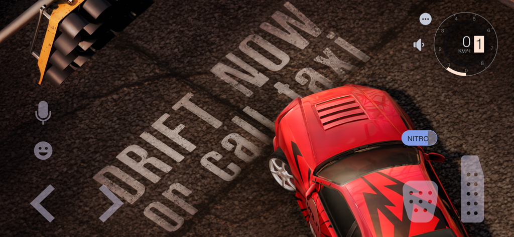 Top down view of a customized red racing car on a track with drift text