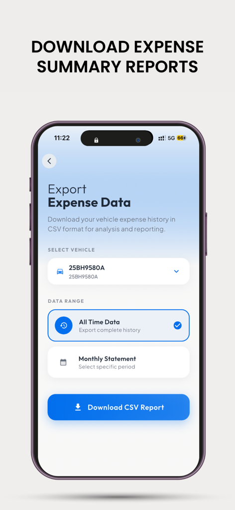 IDG: Autolokate - Autolokate app screen showing the export expense data interface with options to select a vehicle and download a CSV report