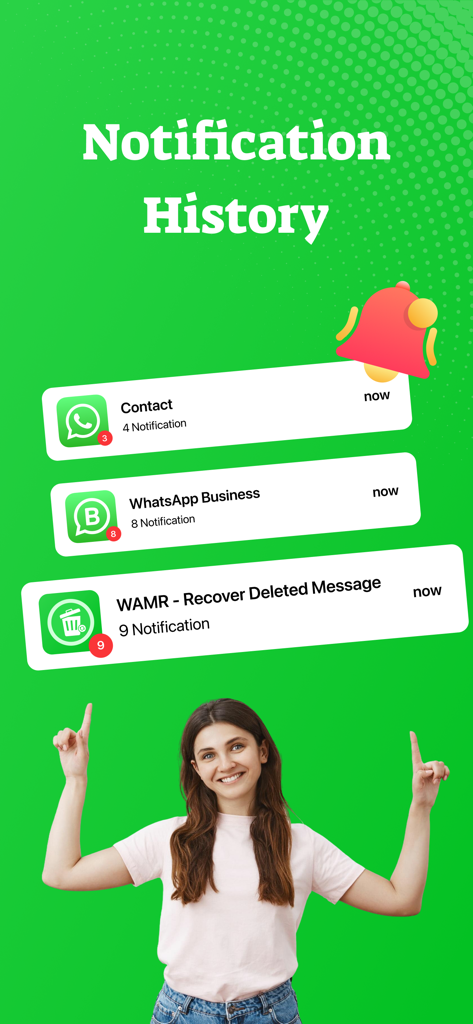WAMR : Recover Deleted Message - Una mujer señalando una lista de registros del historial de notificaciones para las aplicaciones WhatsApp y WAMR