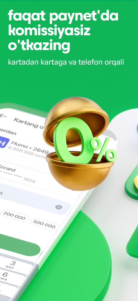 Paynet.uz app promotion showing zero percent commission for card to card money transfers