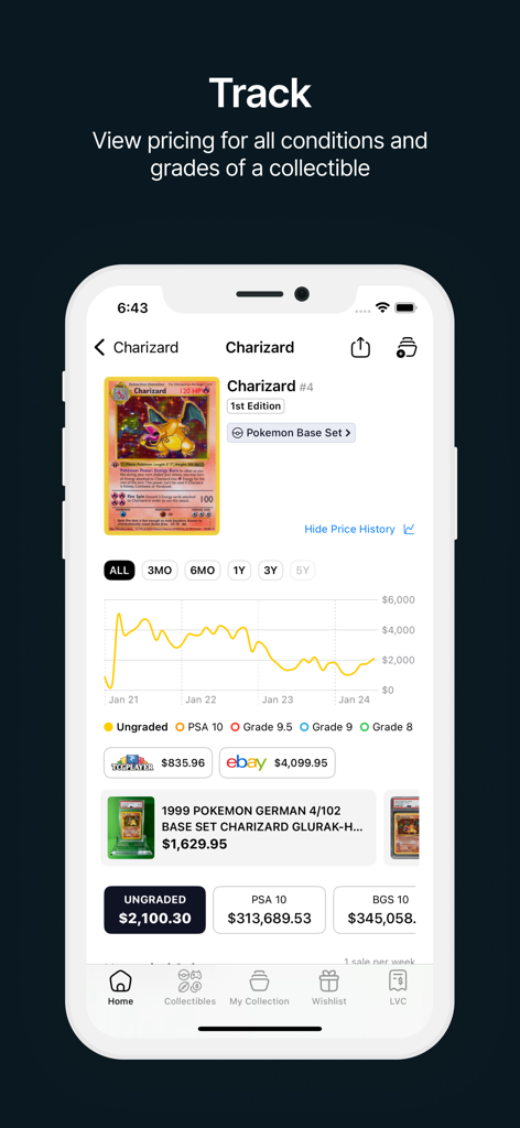 PriceCharting: TCG, Games+ - PriceCharting app screen showing the price history chart and market values for a 1st Edition Charizard Pokemon card across various grades