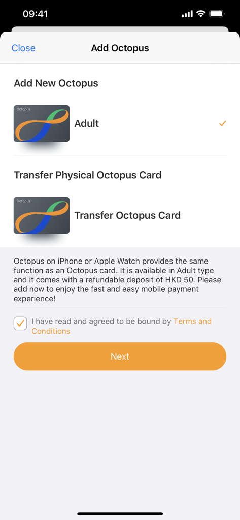 Octopus for Tourists - Interface for adding a new digital Octopus card or transferring a physical card in the Octopus for Tourists app