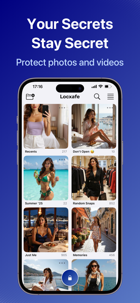 Photo Lock Private: Locxafe - Locxafe app interface showing private photo albums protected by a lock
