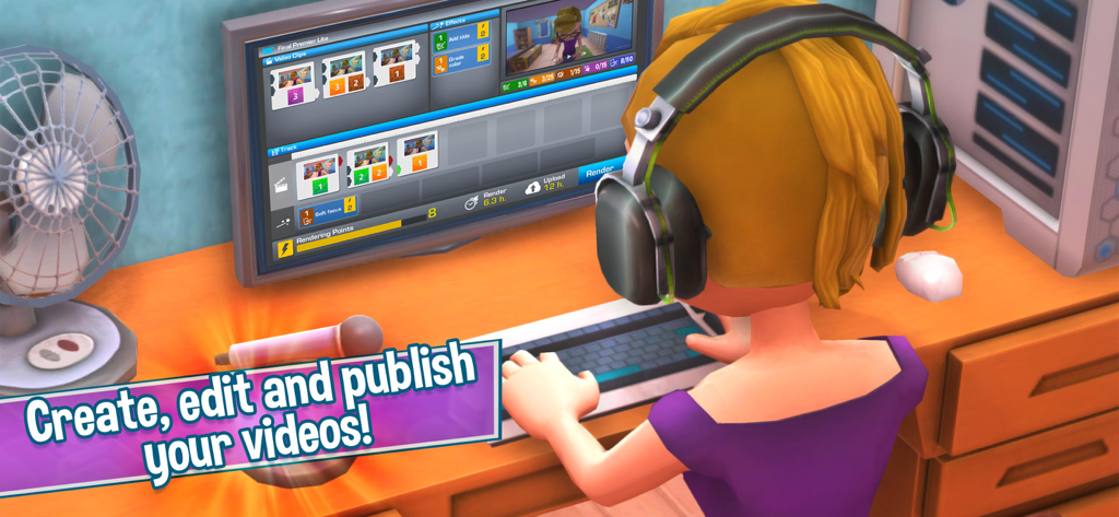 Youtubers Life: Gaming Channel - A character wearing headphones while editing a video on a computer in the Youtubers Life simulation game