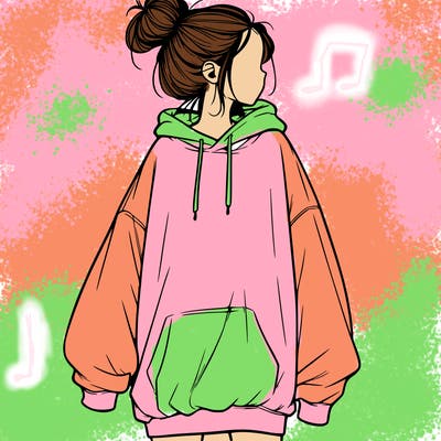 realistic girl with a oversized sweatshirt on and a bun