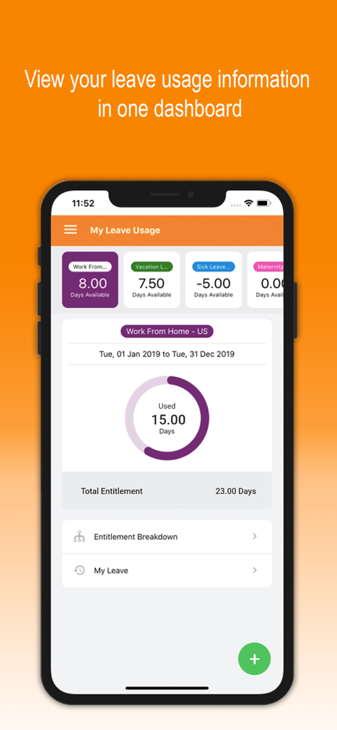 OrangeHRM Advanced App-Oberfläche, die das Dashboard "Meine Urlaubsverwendung" mit Urlaubsansprüchen und einem Nutzungsübersichtsdiagramm anzeigt.