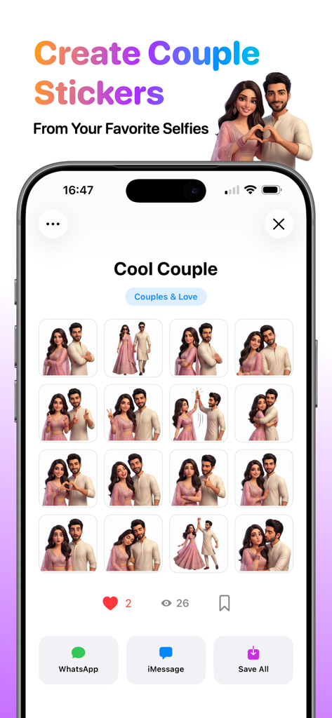 StickerVerse: AI Sticker Maker - StickerVerse app interface showing personalized AI generated 3D couple stickers for messaging