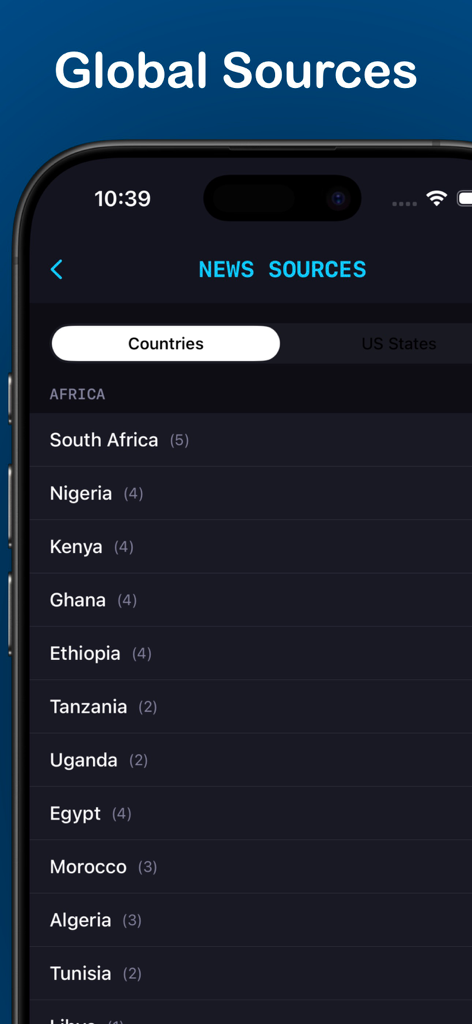 Globanix - A list of global news sources organized by country on the Globanix app interface