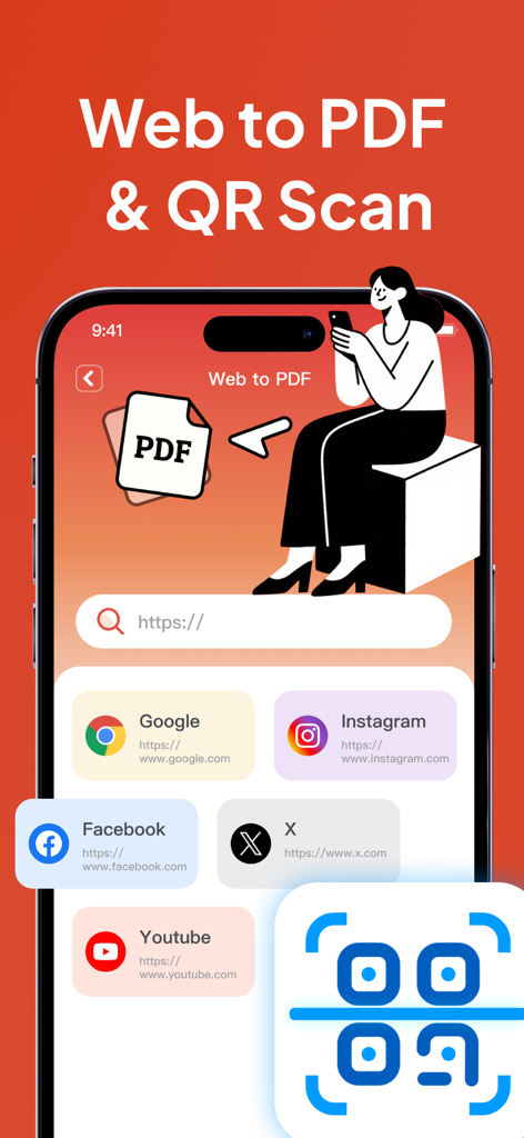 ChatPDF Ai - ChatPDF Ai app screen showing web to PDF converter and QR scanner.