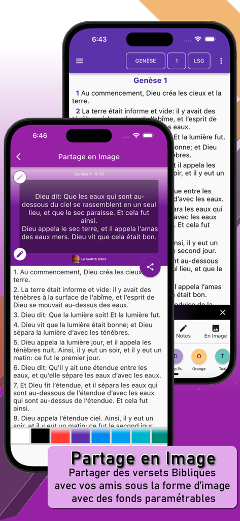 La Sainte Bible Multilangue - A smartphone interface showing the feature to share Bible verses as customizable images in the La Sainte Bible Multilangue app.