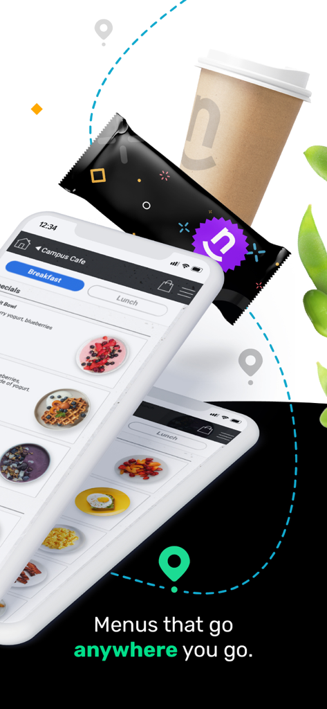 Nutrislice app interface showing breakfast and lunch menu items for a campus cafe