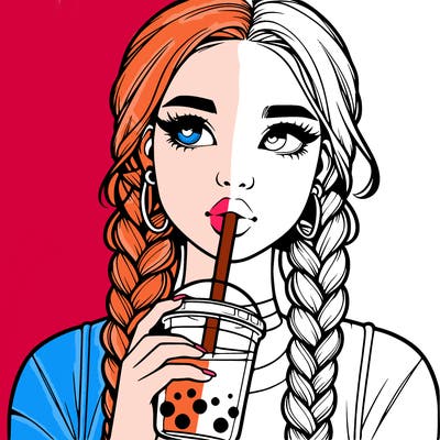 realistic girl with braided hair drinking boba