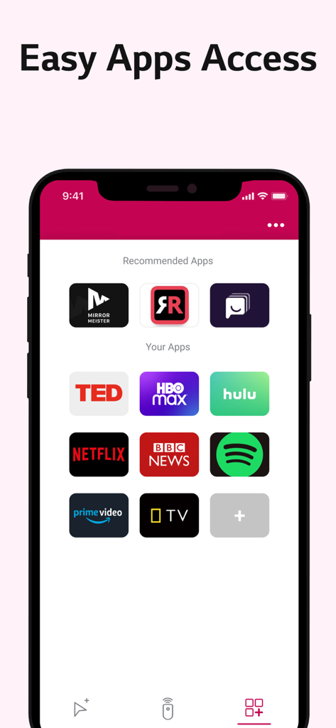 Magic Remote Control WebOS TV - Captura de pantalla de la aplicación Magic Remote Control mostrando atajos de acceso rápido para servicios de streaming como Netflix, Hulu y HBO Max