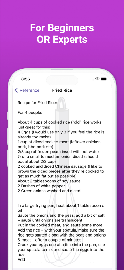 Sous Chef Pro: Timers & Tools - Sous Chef Proアプリのスクリーンショットには、材料と調理手順を含む、揚げ米の詳細なレシピが表示されています