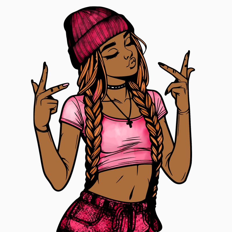 realistic teenage girl with braids and a beanie and crop top doing 🫶🏼