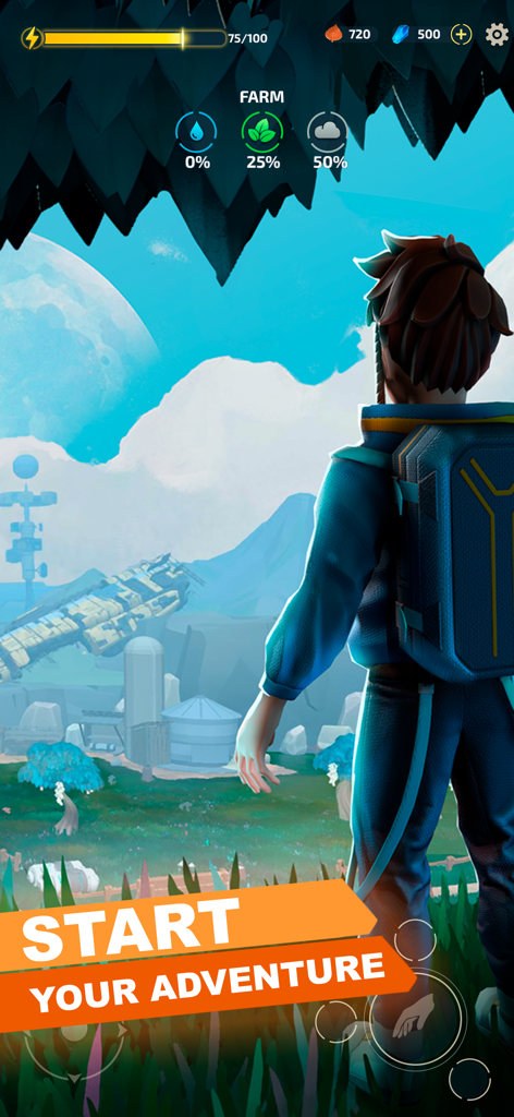 Ecotopia: Farm & craft game - A character looking at a futuristic green landscape in Ecotopia game with a start adventure banner